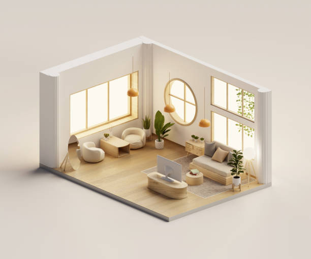 Isometric view living room muji style open inside interior architecture, 3d rendering digital art.